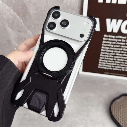 iPhone 17 Pro Racing Car Metal Frameless 360 Rotation Holder Magnetic Phone Case - Black