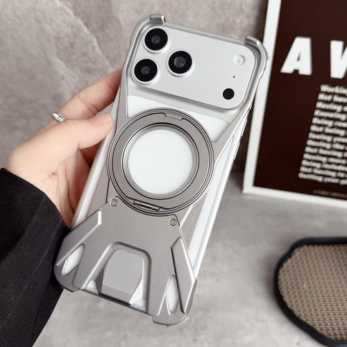 iPhone 17 Pro Racing Car Metal Frameless 360 Rotation Holder Magnetic Phone Case - Titanium Color
