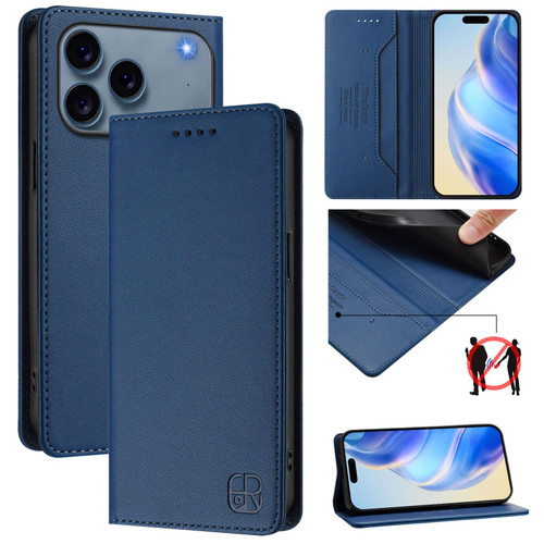 iPhone 17 Pro RC01 Dual-Folded Magnetic Suction RFID Leather Phone Case - Dark Blue