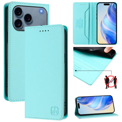 iPhone 17 Pro RC01 Dual-Folded Magnetic Suction RFID Leather Phone Case - Mint Green