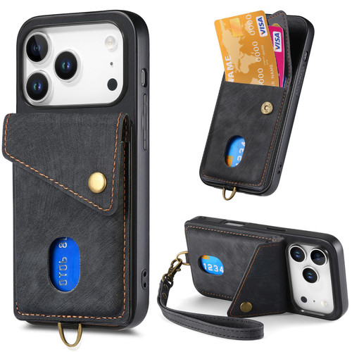 iPhone 17 Pro Retro Card Wallet Fold Leather Phone Case with Strap - Black