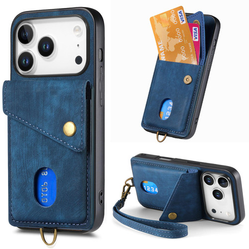 iPhone 17 Pro Retro Card Wallet Fold Leather Phone Case with Strap - Blue