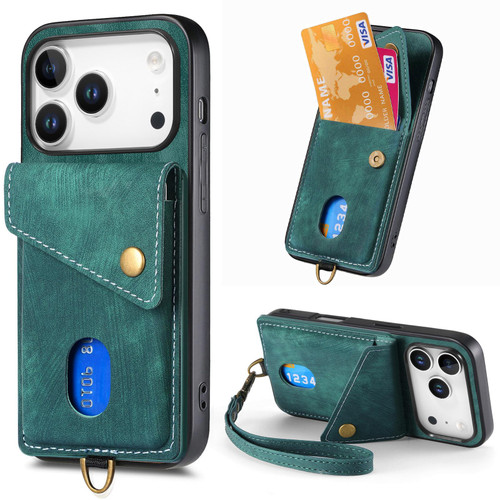 iPhone 17 Pro Retro Card Wallet Fold Leather Phone Case with Strap - Green