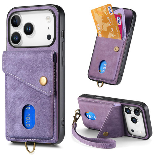 iPhone 17 Pro Retro Card Wallet Fold Leather Phone Case with Strap - Purple