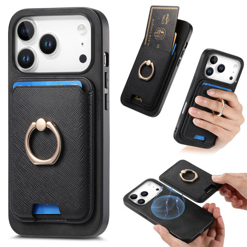 iPhone 17 Pro Retro Cross Leather Card Bag MagSafe Phone Case - Black
