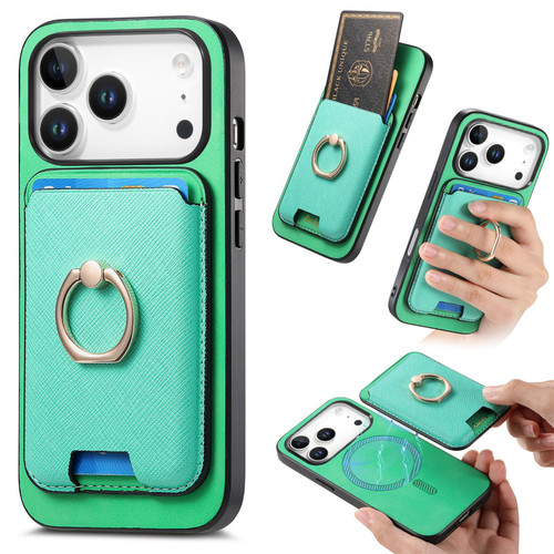 iPhone 17 Pro Retro Cross Leather Card Bag MagSafe Phone Case - Green