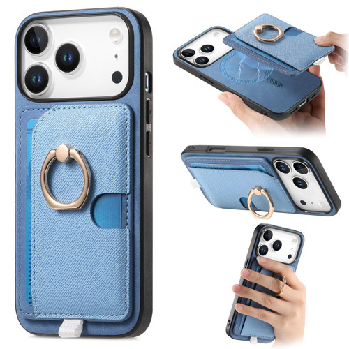 iPhone 17 Pro Retro Cross Leather Ring Side Insert Card Bag MagSafe Phone Case - Blue