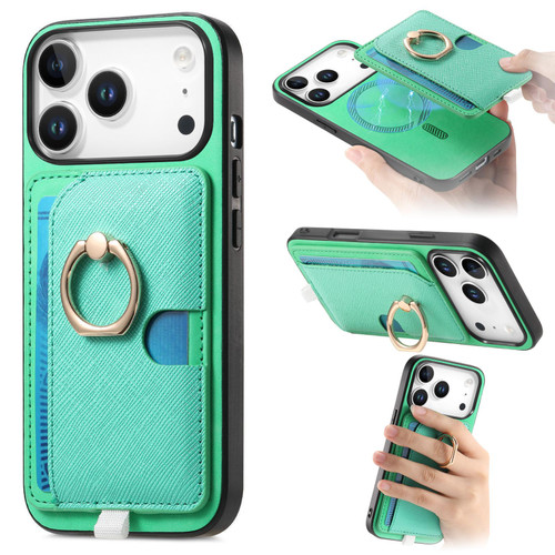 iPhone 17 Pro Retro Cross Leather Ring Side Insert Card Bag MagSafe Phone Case - Green