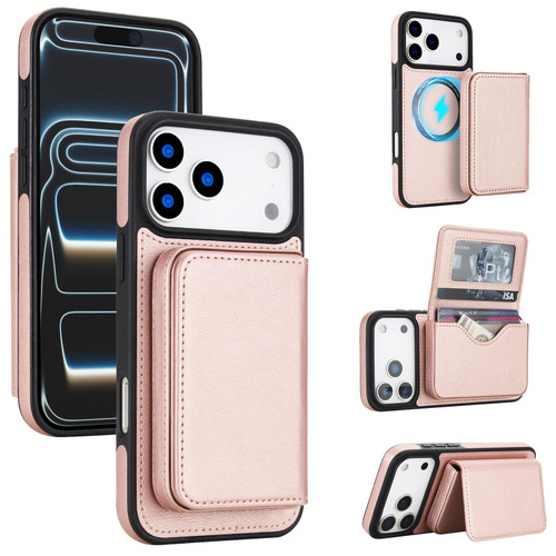 iPhone 17 Pro Retro Faux Leather Detachable Magnetic Wallet Bag RFID Blocking Phone Case - Rose Gold