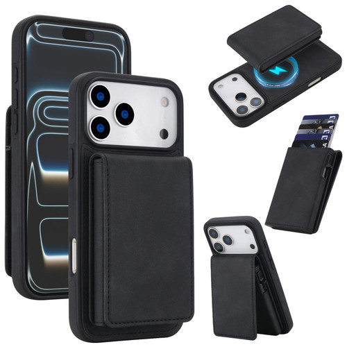 iPhone 17 Pro Retro Faux Leather Detachable Spring Loaded Card Bag Magnetic RFID Phone Case - Black