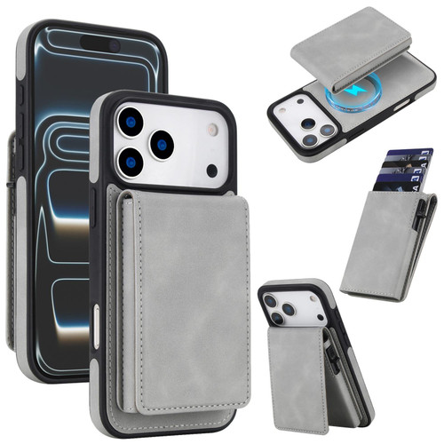 iPhone 17 Pro Retro Faux Leather Detachable Spring Loaded Card Bag Magnetic RFID Phone Case - Gray
