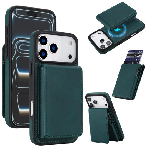 iPhone 17 Pro Retro Faux Leather Detachable Spring Loaded Card Bag Magnetic RFID Phone Case - Green