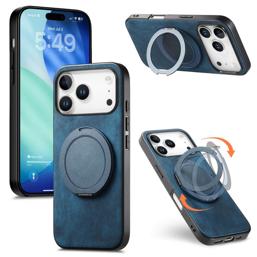 iPhone 17 Pro Retro Leather Rotation Round Holder Phone Case - Blue