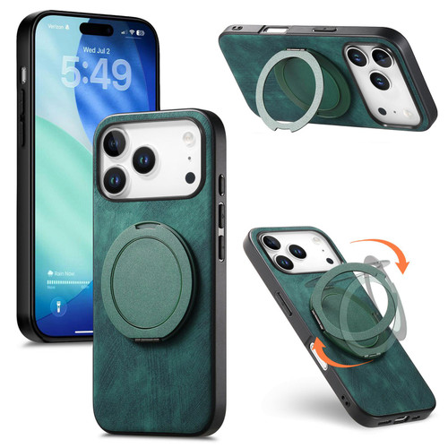 iPhone 17 Pro Retro Leather Rotation Round Holder Phone Case - Green