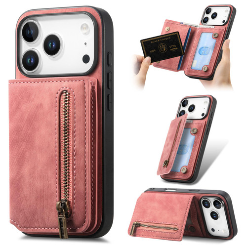 iPhone 17 Pro Retro Leather Zipper Wallet Back Phone Case - Pink