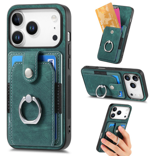 iPhone 17 Pro Retro Skin-feel Ring Card Wallet Phone Case - Green