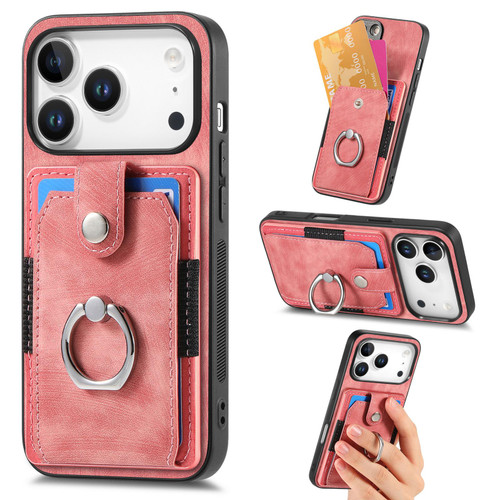 iPhone 17 Pro Retro Skin-feel Ring Card Wallet Phone Case - Pink