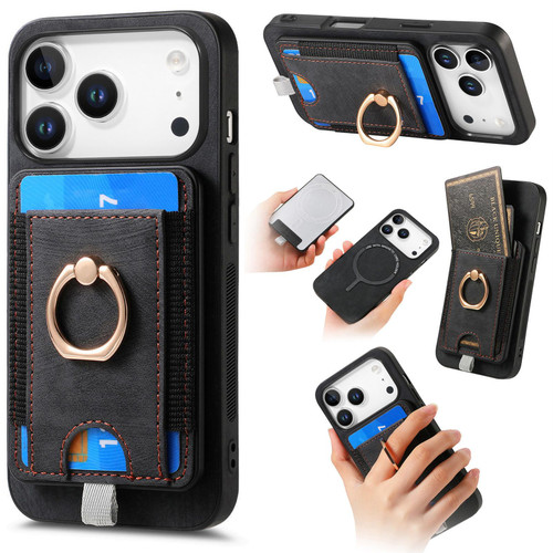 iPhone 17 Pro Retro Splitable Magnetic Card Bag Leather Phone Case - Black