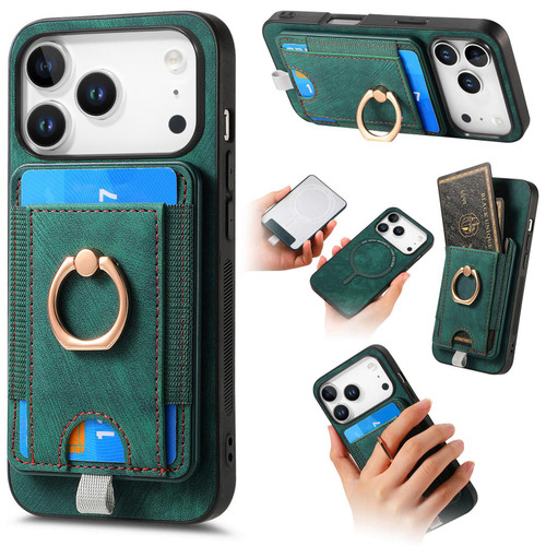 iPhone 17 Pro Retro Splitable Magnetic Card Bag Leather Phone Case - Green