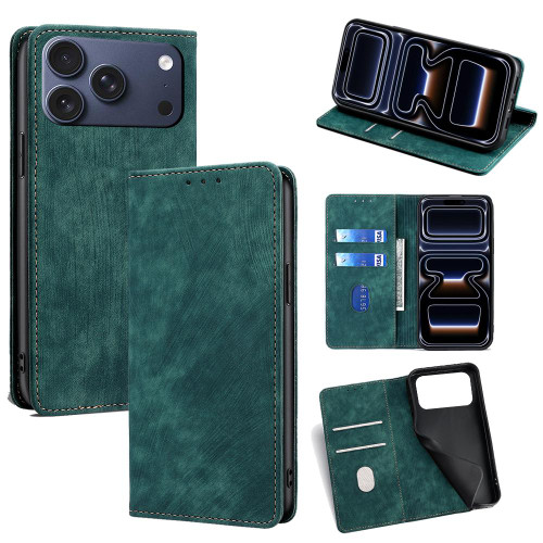 iPhone 17 Pro RFID Anti-theft Brush Magnetic Leather Phone Case - Green