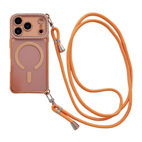 iPhone 17 Pro Rhinestone Clear Acrylic Electroplated Magnetic Phone Case with Right-Side Crossbody Lanyard - Orange