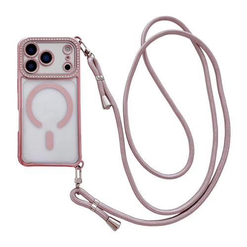 iPhone 17 Pro Rhinestone Clear Acrylic Electroplated Magnetic Phone Case with Right-Side Crossbody Lanyard - Pink