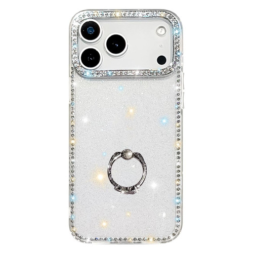 iPhone 17 Pro Rhinestone Ring Holder Dual-side IMD PC Hybrid TPU Phone Case - Glitter Transparent