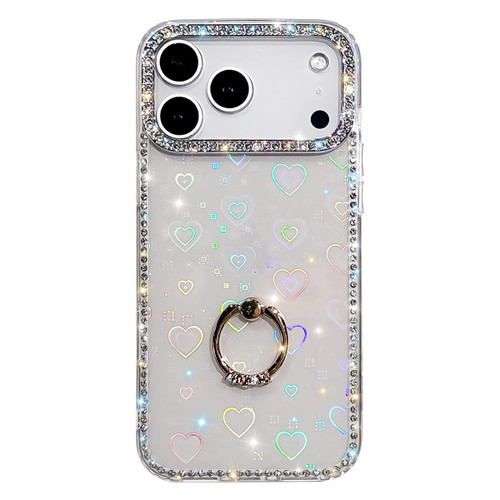 iPhone 17 Pro Rhinestone Ring Holder Dual-side IMD PC Hybrid TPU Phone Case - Heart Transparent