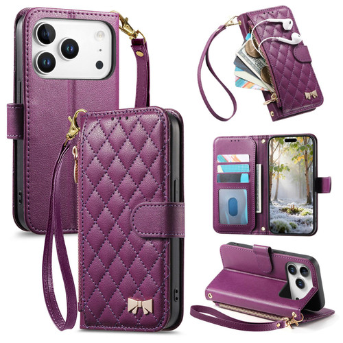 iPhone 17 Pro Rhombic Texture Zipper Wallet Metal Bow-knot Vegan Leather Phone Case with Strap - Purple