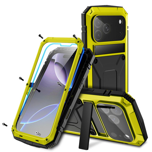 iPhone 17 Pro R-JUST Metal + Silicone + Tempered Glass Life Waterproof Phone Case with Holder - Yellow