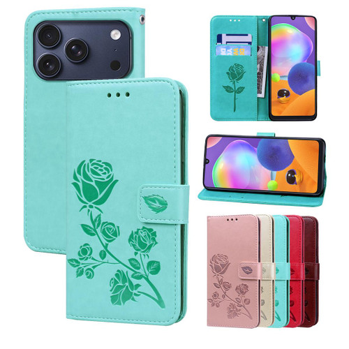 iPhone 17 Pro Rose Embossed Flip PU Leather Phone Case - Green