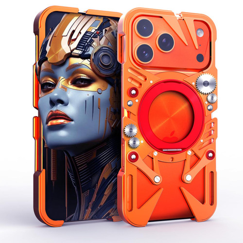 iPhone 17 Pro Rotating Bracket MagSafe Hollow Metal Phone Case with Lanyard - Orange
