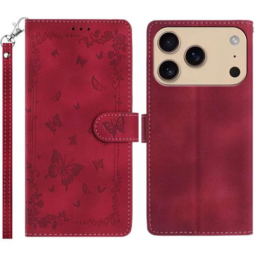 iPhone 17 Pro Secret Garden Butterfly Pattern Leather Phone Case - Red