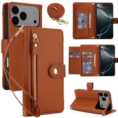 iPhone 17 Pro Seven Card Slots Zipper Wallet Leather Phone Case with Lanyard - Brown
