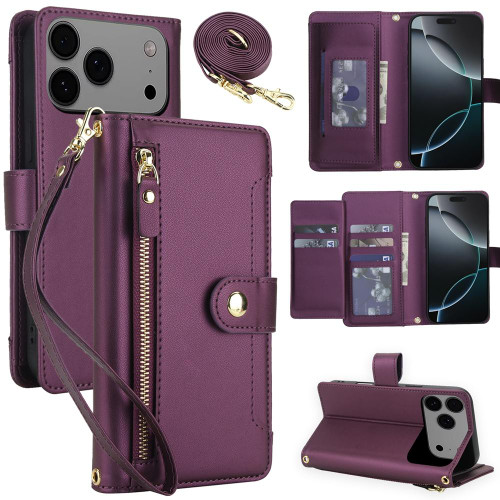 iPhone 17 Pro Seven Card Slots Zipper Wallet Leather Phone Case with Lanyard - Dark Purple