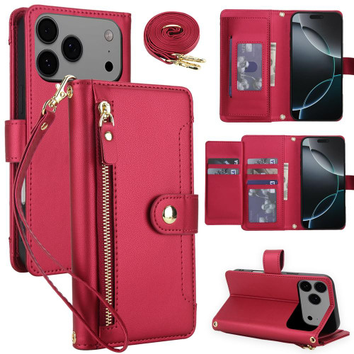 iPhone 17 Pro Seven Card Slots Zipper Wallet Leather Phone Case with Lanyard - Red