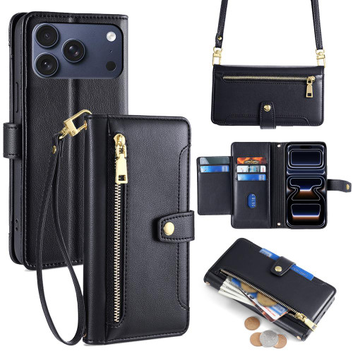iPhone 17 Pro Sheep Texture Cross-body Zipper Wallet Leather Phone Case - Black