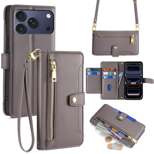 iPhone 17 Pro Sheep Texture Cross-body Zipper Wallet Leather Phone Case - Grey