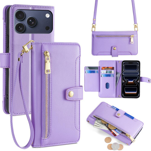 iPhone 17 Pro Sheep Texture Cross-body Zipper Wallet Leather Phone Case - Purple