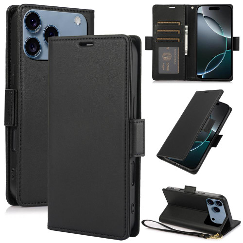 iPhone 17 Pro Side Buckle RFID Anti-theft Leather Phone Case - Black