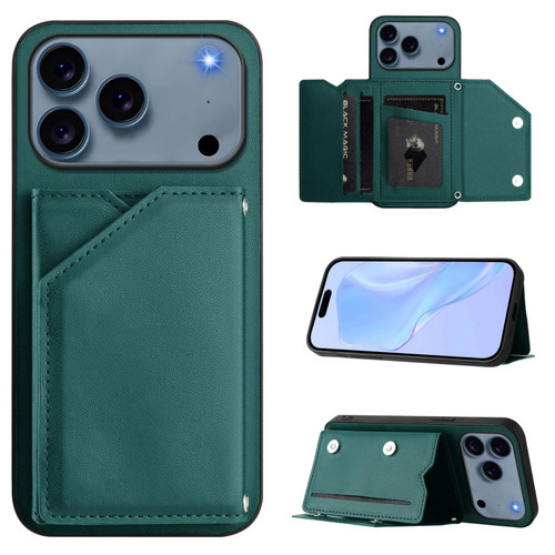 iPhone 17 Pro Skin Feel Four Card Slots Phone Case with Wrist Strap - Green