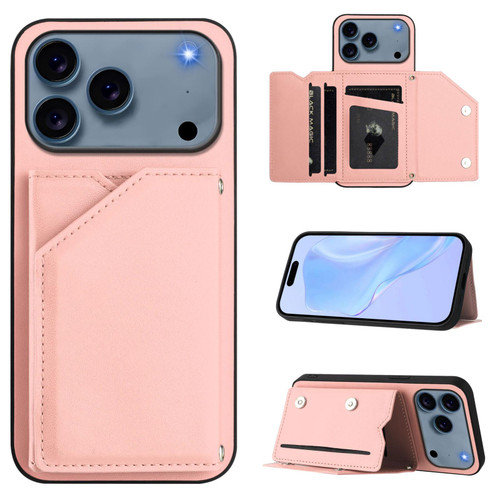 iPhone 17 Pro Skin Feel Four Card Slots Phone Case with Wrist Strap - Pink