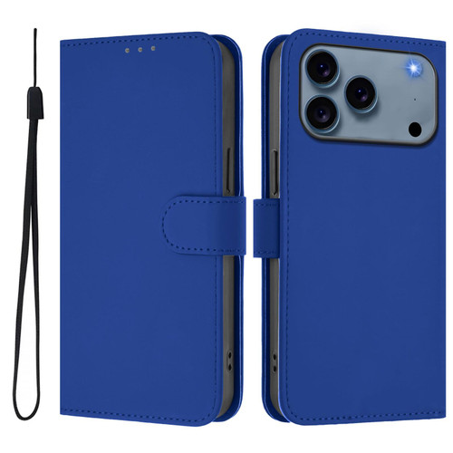 iPhone 17 Pro Skin Feel Solid Color Leather Phone Case with Lanyard - Dark Blue