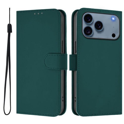 iPhone 17 Pro Skin Feel Solid Color Leather Phone Case with Lanyard - Dark Green
