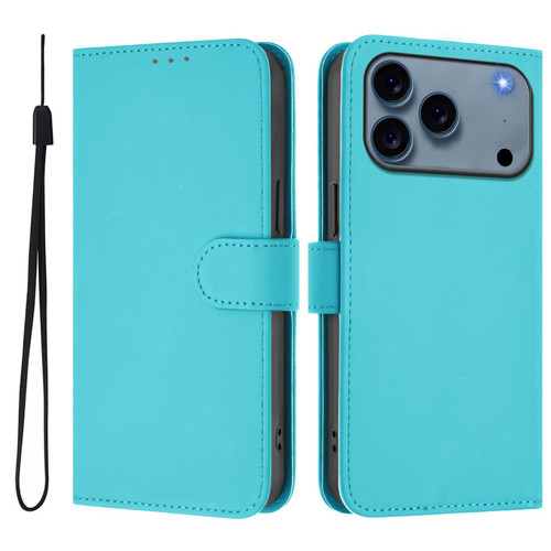 iPhone 17 Pro Skin Feel Solid Color Leather Phone Case with Lanyard - Lake Blue