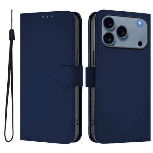 iPhone 17 Pro Skin Feel Solid Color Leather Phone Case with Lanyard - Navy Blue
