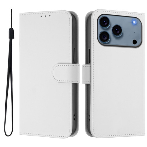 iPhone 17 Pro Skin Feel Solid Color Leather Phone Case with Lanyard - White