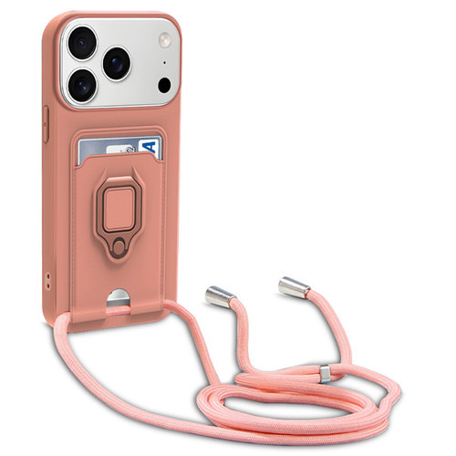iPhone 17 Pro Sliding Camshield Magnetic Card Holder Silicone Phone Case with Lanyard - Pink