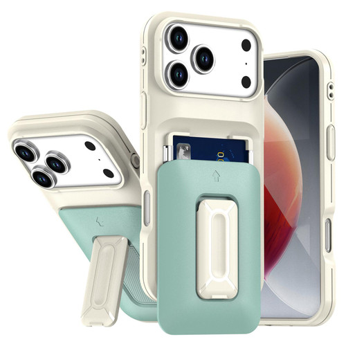 iPhone 17 Pro Sliding Card Holder Integrated Phone Case with Kickstand - Beige Green