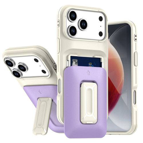 iPhone 17 Pro Sliding Card Holder Integrated Phone Case with Kickstand - Beige Purple